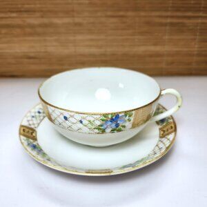Nippon Teacup and Saucer Set Vintage Hand Painted Blue Flowers Gold Trim